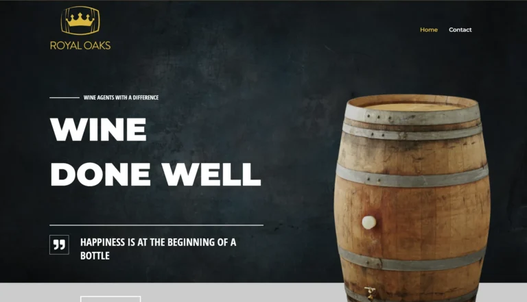 Royal Oaks wine agency website homepage with the headline Wine Done Well