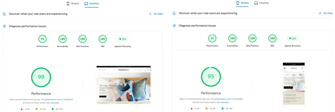 Google PageSpeed Insights scores for finnandestella.com, desktop 99 and mobile 95