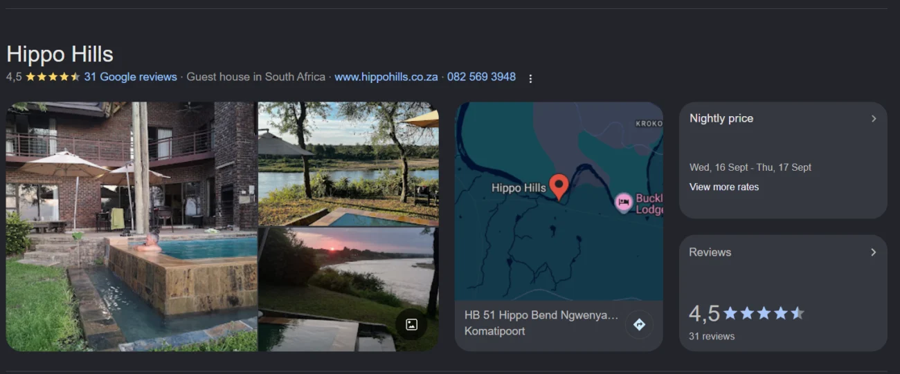 Hippo Hills Google Business Profile listing with photos, map and reviews